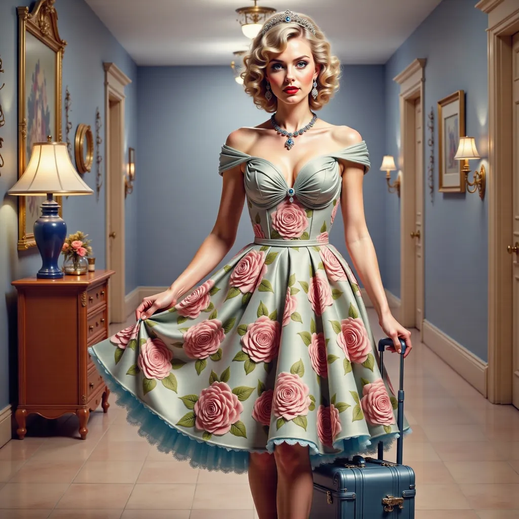Prompt: a  stylish woman  of the 50's in a dress with roses on it is standing in a hallway with luggage and a suitcase behind her, Edwin Georgi, kitsch movement, fashion photography, a photorealistic painting