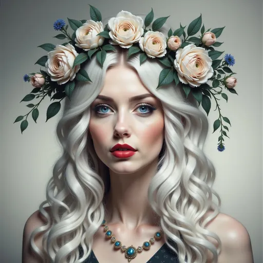 Prompt: a painting of a woman with long white hair and a wreath of flowers on her head, Anna Dittmann, gothic art, highly detailed digital painting, a detailed painting