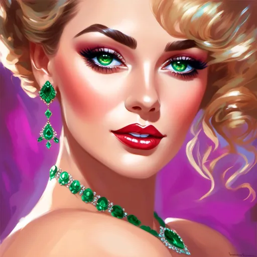 Prompt: <mymodel>Detailed illustration of a woman in vibrant green attire, large vivid green eyes, elegant makeup, digital painting, high resolution, realistic style, vibrant green, professional lighting