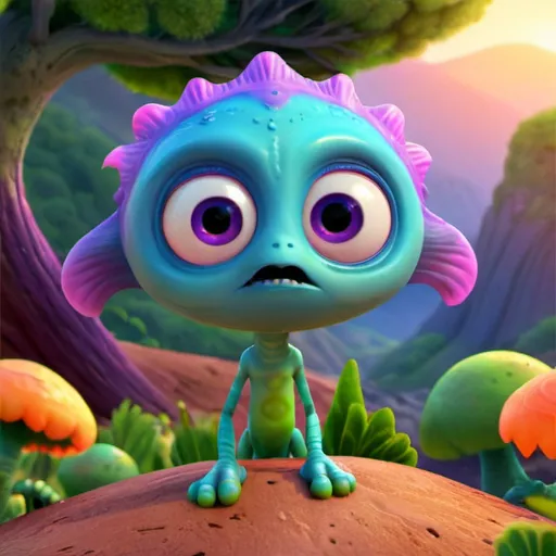 Prompt: Whimsical, cute alien, cartoon style, vibrant colors, large expressive eyes, playful demeanor, alien landscape, otherworldly plants, best quality, high resolution, vibrant, cartoon, cute, whimsical, otherworldly, playful, expressive eyes, alien landscape, vibrant colors, professional