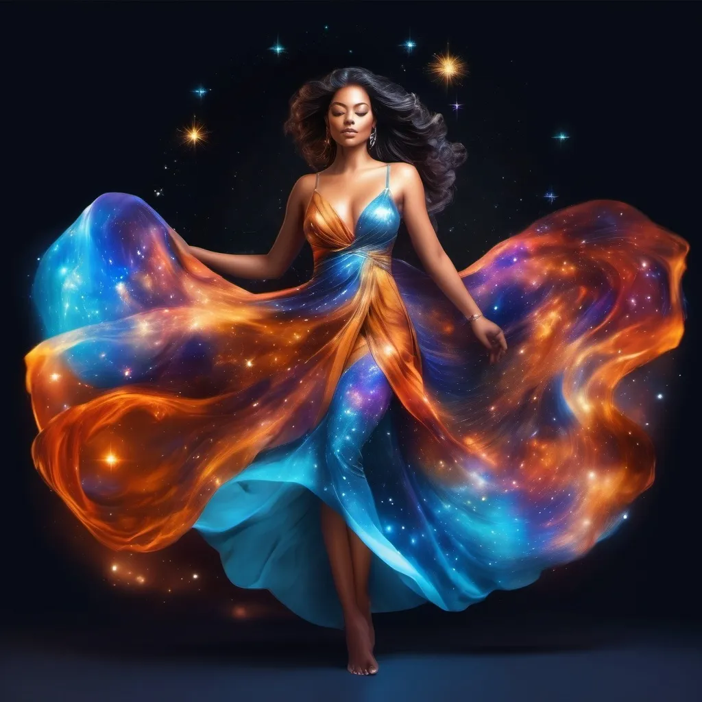 Prompt: A Goddess in a flowing dress, incredible all body form of a incredible bodied, incredibly beautiful faced woman with a buxom perfect body falling backwards through space, nebulas, stars, planets, the milky way and galaxies