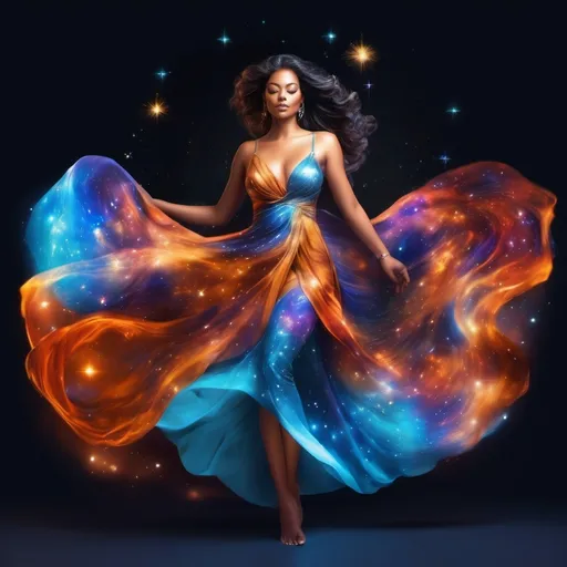 Prompt: A Goddess in a flowing dress, incredible all body form of a incredible bodied, incredibly beautiful faced woman with a buxom perfect body falling backwards through space, nebulas, stars, planets, the milky way and galaxies