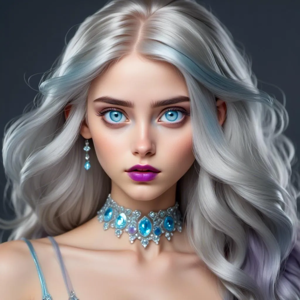 Prompt: <mymodel>Beautiful ethereal woman, long blonde hair,and icy blue eyes color, purple lipstick, facial closeup