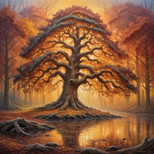 Prompt: Majestic oak tree in a mystical forest, oil painting, intricate and textured bark, vibrant autumn foliage, enchanting fairytale atmosphere, high detail, magical realism, warm and soft lighting, oil painting, mystical forest, vibrant autumn colors, textured bark, high detail, enchanting atmosphere, magical realism, warm lighting