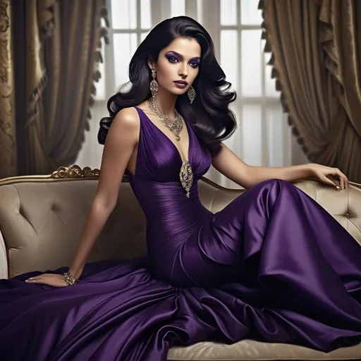 Prompt: Radiating elegance, a woman sits gracefully on a plush sofa, adorned in an opulent, deep purple gown that cascades around her in luxurious folds. Her long, dark hair frames her face, accentuating her striking features and polished makeup, while elaborate jewelry, including large earrings and a magnificent necklace, adds to her royal demeanor. Set against a backdrop of soft cream drapery and a hint of chandelier sparkle, the scene exudes a sense of grandeur and sophistication. The interplay of light creates a warm ambiance, enhancing the richness of the fabric and the overall lushness of the composition, conveying a narrative of beauty and refinement.