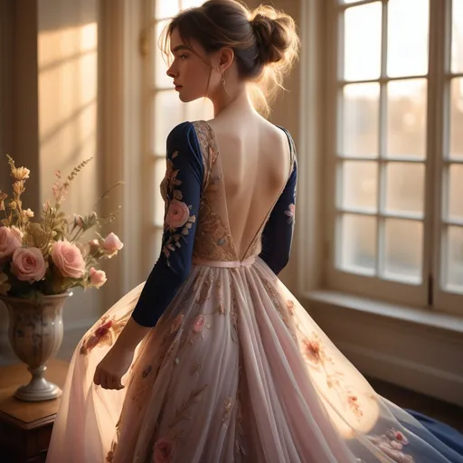 Prompt: Bathed in the warm glow of golden hour light filtering through large windows, a young woman stands gracefully with her back to the viewer, revealing the exquisite deep-V neckline of her gown. The dress features a harmonious blend of rich navy sleeves adorned with delicate floral embroidery and a flowing skirt that transitions from soft pink to a gentle blue, gracefully trailing behind her in ethereal layers. Nearby, a vase brimming with pale pink roses and slender branches adds a touch of romance to the scene, perfectly complementing the style of the dress. The soft color palette, combined with the tranquil indoor setting, evokes a sense of elegance and serenity, as if the moment captures the delicate balance between beauty and introspection.