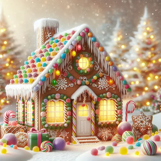 Prompt: (gingerbread house), whimsical design, decorated with colorful candy ornaments, surrounded by a snowy landscape, warm and inviting atmosphere, sweet scent of baked goods, intricate frosting details, vibrant colors, golden warm lights illuminating the scene, cozy and magical ambiance, ultra-detailed, high quality, festive theme, winter wonderland setting.