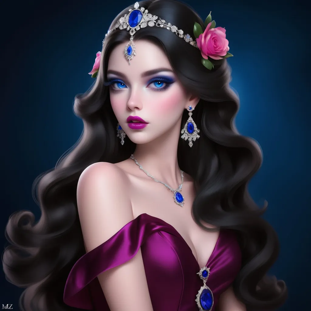 Prompt: <mymodel>a Sapphire lady, feminine elegant princess ,  dark hair, large blue eyes, wearing jewls in her hair,  beautiful makeup, blue eyeshadow, dark pink lipstick, facial closeup