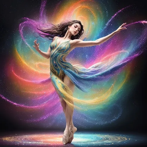 Prompt: a stunning depiction of a dancer whose flowing movements create beautiful, swirling galaxies. The dancer's form and dress are painted with stars and cosmic dust, illustrating the harmony between human expression and the universe. Light background 