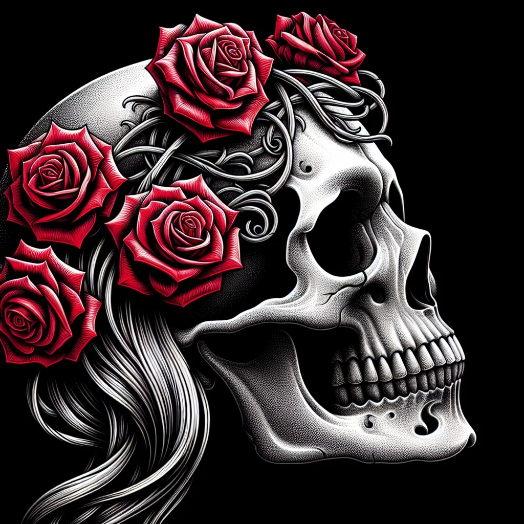 Prompt:  a skull  with red roses in her hair, the skull is black and white, Dirk Crabeth, gothic art, highly detailed digital painting, a detailed painting