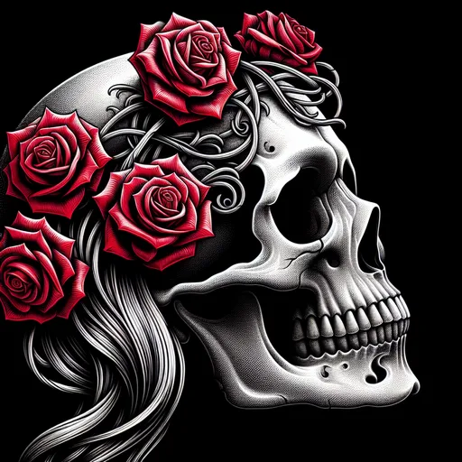 Prompt:  a skull  with red roses in her hair, the skull is black and white, Dirk Crabeth, gothic art, highly detailed digital painting, a detailed painting