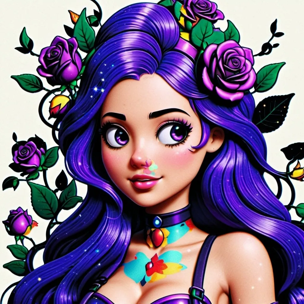 Prompt: Cosmic Epic Beauty, Beautiful and Gorgeous, purple roses in hair