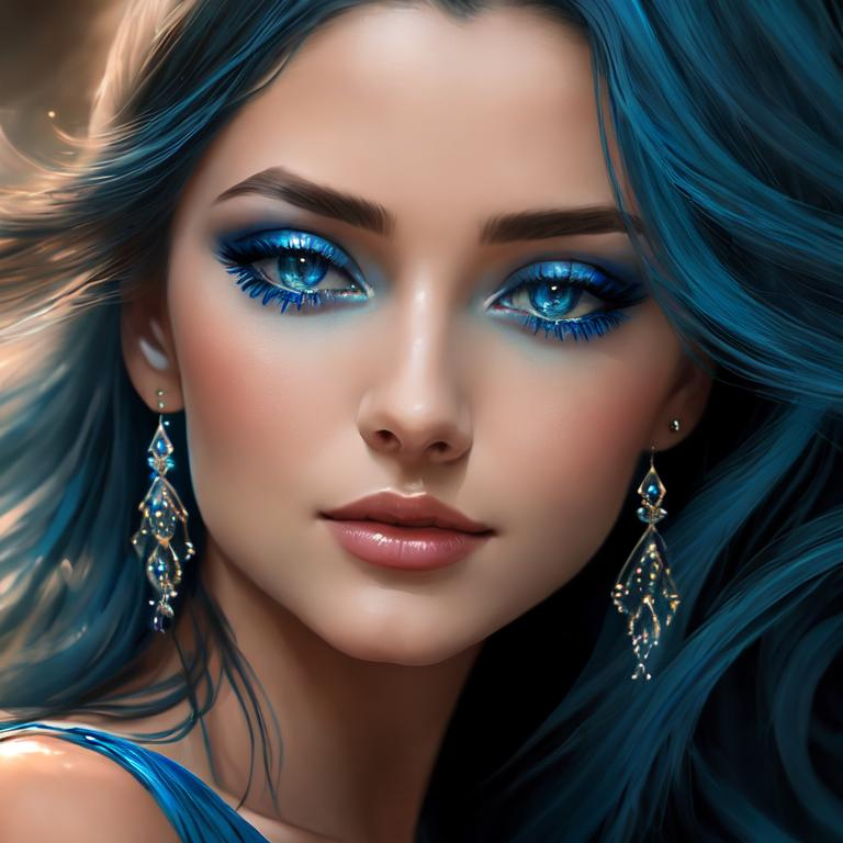 Prompt: Realistic portrayal of blue beauty, photorealistic, serene water reflection, detailed facial features, flowing blue gown, high resolution, vivid realism, professional, peaceful ambiance, calming lighting, elegant hair, graceful pose, tranquil atmosphere, photorealism, detailed eyes, flowing fabric, serene, calming tones, natural lighting