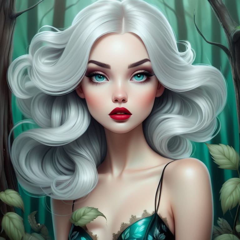 Prompt: The beautiful young lady with blowing platinum hair illustration art by Lori Earley, Daria Endresen, Tristan Eaton. Whimsical forest background, Extremely detailed, intricate, beautiful. 
