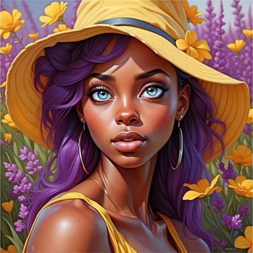 Prompt: <mymodel> a painting of a woman with purple hair and a yellow dress and hat in a field of flowers with purple flowers, Artgerm, fantasy art, highly detailed digital painting, a detailed painting