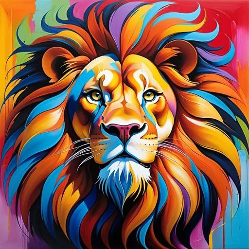 Prompt: Abstract surrealism painting of a majestic lion, vibrant and bold brushstrokes, exaggerated features, vivid colors, dreamlike atmosphere, high quality, surrealism, vibrant colors, abstract art, majestic lion, dreamlike, bold brushstrokes