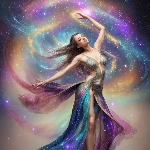 Prompt: a stunning depiction of a dancer whose flowing movements create beautiful, swirling galaxies. The dancer's form and dress are painted with stars and cosmic dust, illustrating the harmony between human expression and the universe. Light background 