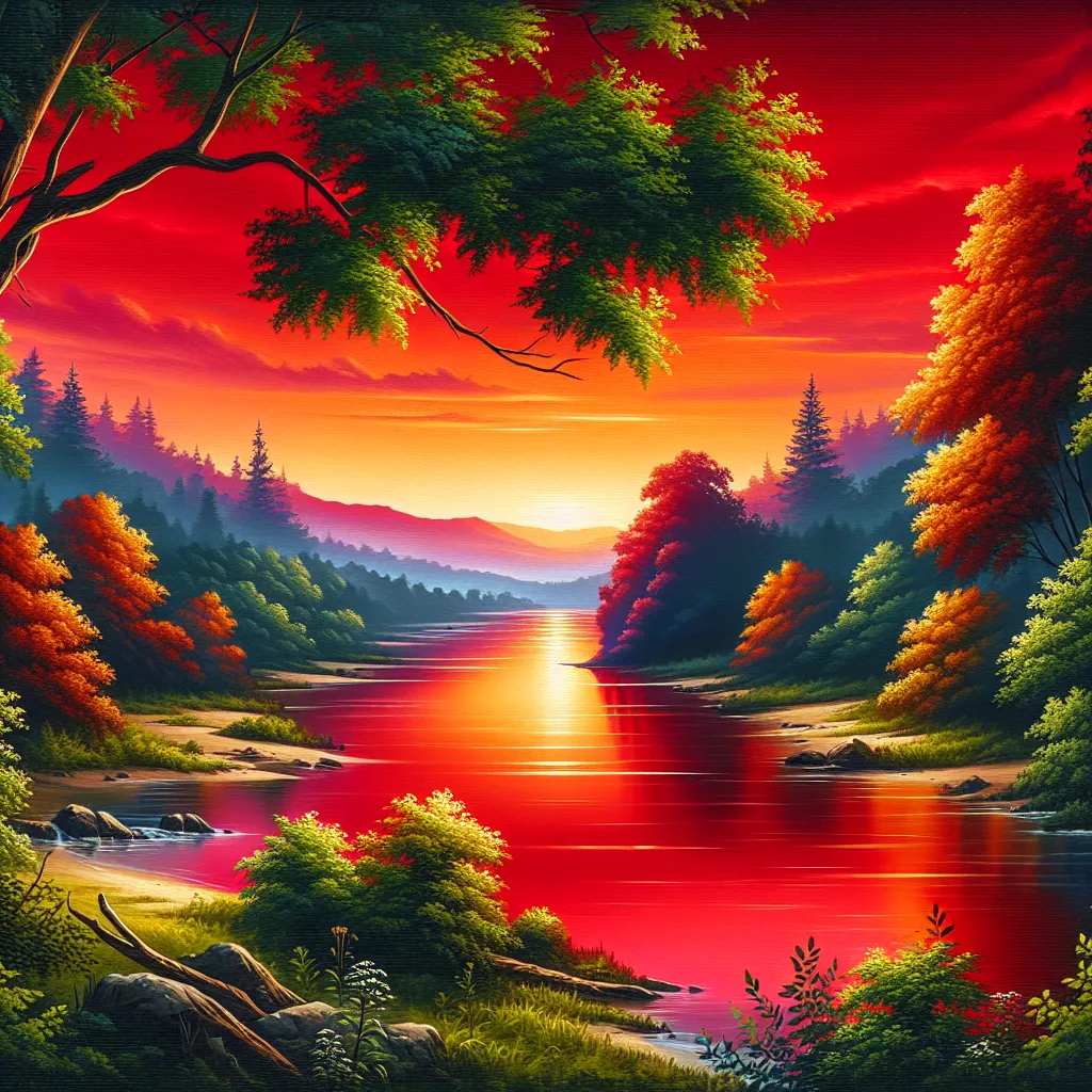 Prompt: a painting of a sunset with a river running through it and trees in the foreground and a red sky, Art Brenner, american scene painting, intricate oil painting, an airbrush painting