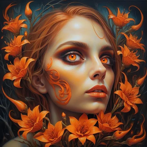 Prompt: Beautiful  hybrid woman with orange flowers sprouting from her, oil painting, detailed fiery eyes, ethereal glow, dark and mysterious, high quality, vibrant colors, surreal, haunting, intricate floral details, intense gaze, mystical atmosphere, oil painting, demon, hybrid, fiery eyes, ethereal, vibrant colors, surreal, haunting, floral details, intense gaze, mystical atmosphere