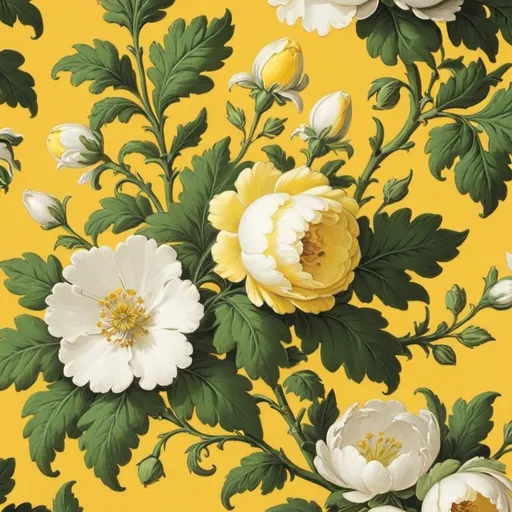 Prompt: a yellow and white flowered wallpaper with green leaves and flowers on it's side, with a yellow background, Annabel Kidston, rococo, book cover, a flemish Baroque