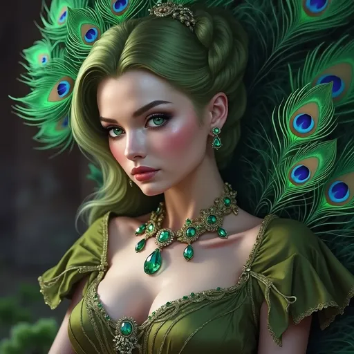 Prompt: a  closeup of a woman with green eyes in a green dress with a peacock feather on her head and an emerald  necklace on her neck. Charlie Bowater, fantasy art, highly detailed digital painting, a photorealistic painting