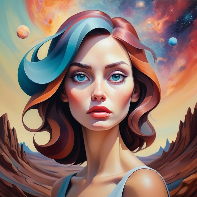 Prompt: Surreal portrait of beautiful female, cosmic landscape background, acrylic on canvas in style of post modernism 