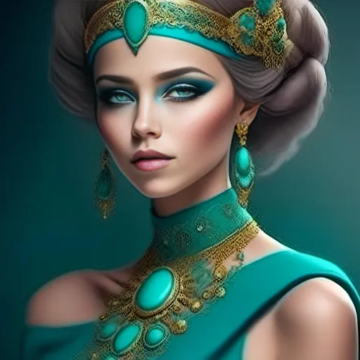 Prompt: <mymodel>An extremely gorgeous woman,  with turquoise jewels, in color scheme of turquoise and gold