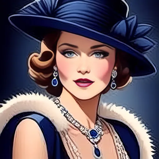 Prompt: <mymodel>Glamorously dressed lady of rhe 1930's wearing sapphire jewelry