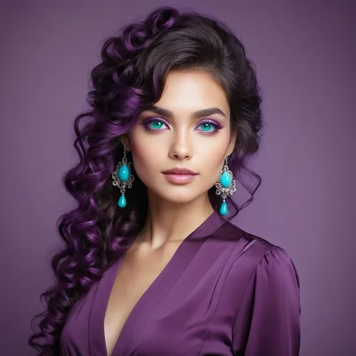 Prompt: <mymodel>An extremely gorgeous woman,  with turquoise jewels, in color scheme of purple, long curly hair