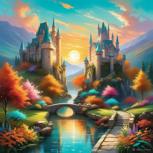 Prompt: Bathed in the warm glow of a sunset, a majestic castle rises amidst verdant hills, its towers capped with vibrant turquoise spires. Reflecting in the tranquil waters below, a large, ethereal visage of a woman seamlessly merges with the castle, her features radiant and serene, adding a mystical quality to the scene. Lush gardens brimming with colorful flowers frame a winding pathway that leads toward the inviting water, while trees painted in autumn hues stand as guardians of this enchanting realm. The overall atmosphere is one of magical beauty and harmony, inviting viewers into a fairy-tale landscape where nature and fantasy intertwine.