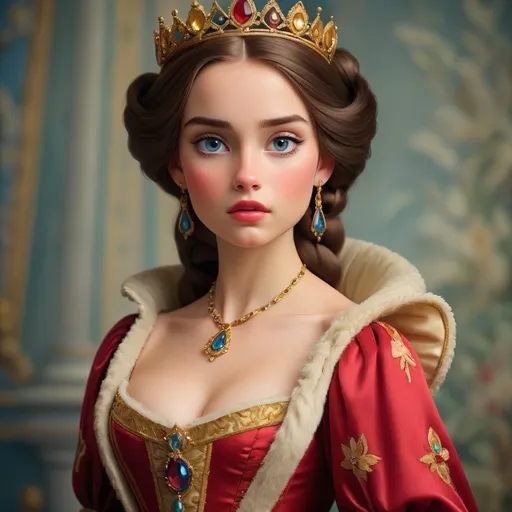 Prompt: portrays beautiful women as historical princesses in sumptuous costumes and settings.