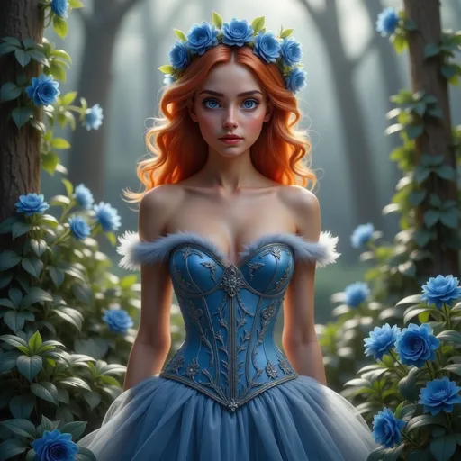 Prompt: In a mystical forest bathed in soft, ethereal light, a young woman stands poised among lush greenery, her striking red hair cascading in waves down her shoulders. Her intricate blue corset, adorned with floral patterns, accentuates her figure while a flowing skirt elegantly complements the ensemble, showcasing embroidered roses that echo the blue blooms surrounding her. A crown of blue roses rests upon her head, enhancing her enchanted appearance and adding to the vibrant color palette of deep blues and greens. The atmosphere is serene and otherworldly, filled with a sense of magic and beauty, as rays of sunlight filter through the dense trees, creating an enchanting backdrop that draws the viewer into this romantic scene.