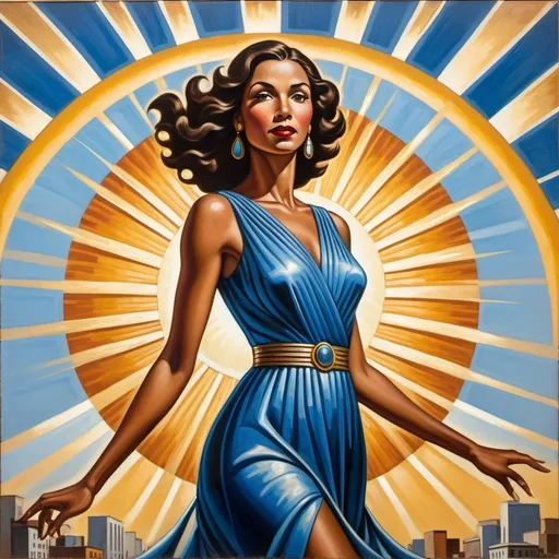 Prompt: a painting of a woman with dark hair and a blue dress with a sun in the background and a blue sky, Ernie Barnes, art deco, modern art deco, an art deco painting