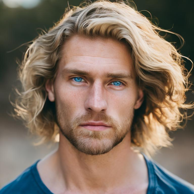 Prompt: 30 year old, rugged, caucasian. shoulder length blonde hair, blue eyes. facial closeup