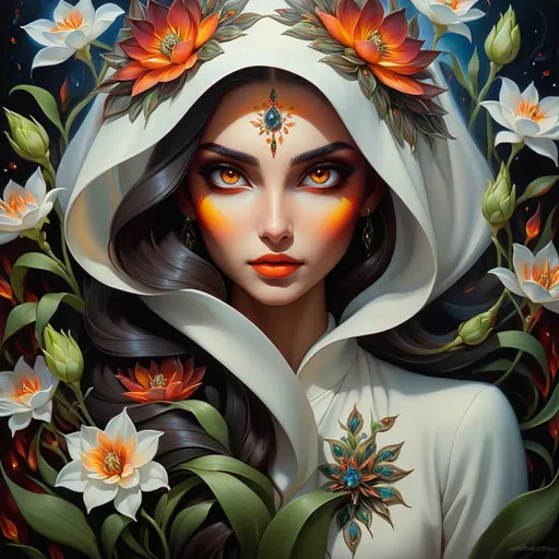 Prompt: Beautiful  hybrid woman with flowers sprouting from her, oil painting, detailed fiery eyes, ethereal glow, dark and mysterious, high quality, vibrant colors, surreal, haunting, intricate floral details, intense gaze, mystical atmosphere, oil painting, demon, hybrid, fiery eyes, ethereal, vibrant colors, surreal, haunting, floral details, intense gaze, mystical atmosphere