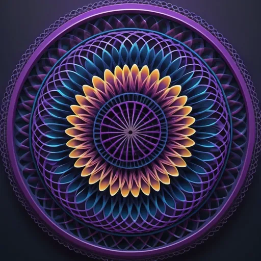 Prompt: (Spirograph art), highly detailed, intricate patterns, vibrant colors, deep blues and purples, radial symmetry, mesmerizing geometric shapes, gradient hues, elegant and complex designs, swirling motions, mathematical precision, dynamic composition, ethereal glow, calming effect, abstract beauty, captivating depth, immersive experience, fractal elements, ultra-detailed, high resolution, HD, masterful execution, artstation trending, award-worthy creation