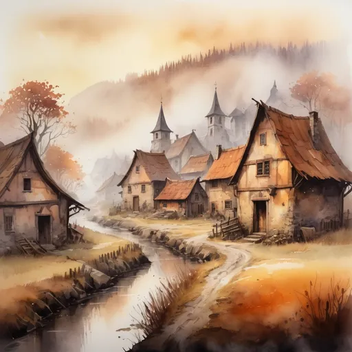 Prompt: watercolor, small village, foggy, rustic, dramatic fantasy settlement scene, warm tones