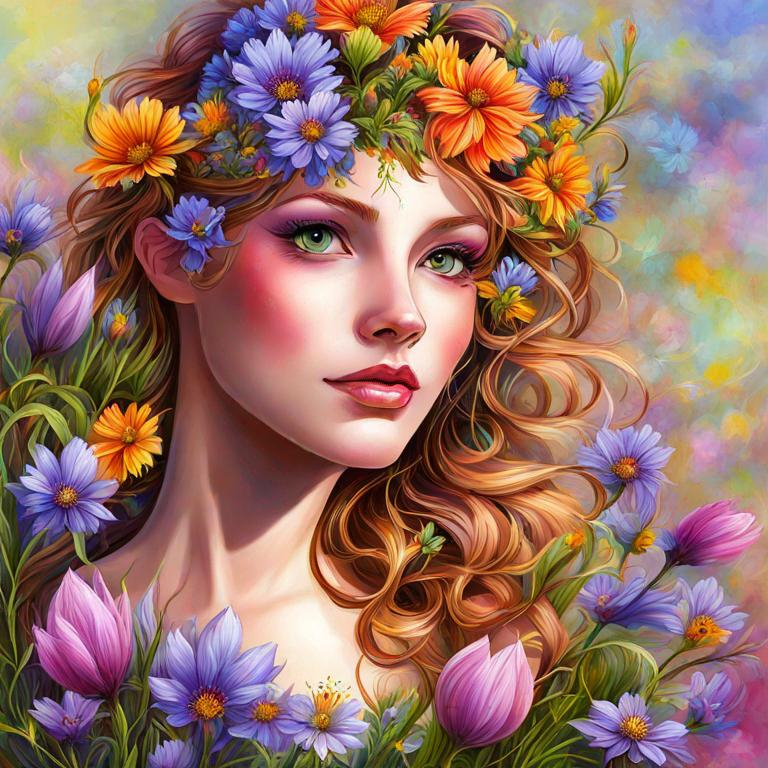 Prompt: a fairy of spring, ,wildflowers, vivid colors,  facial closeup