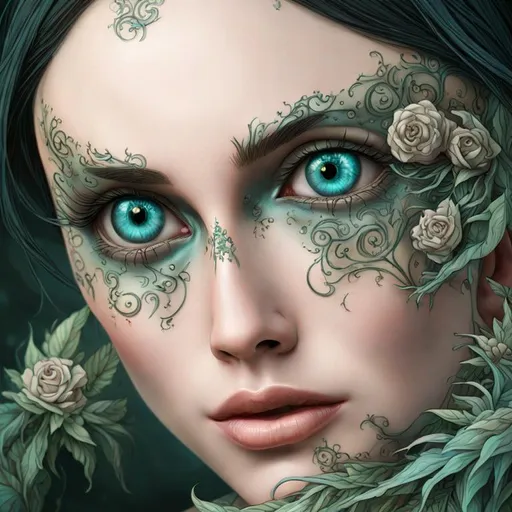 Prompt: ((Cinematic)) ((photorealistic full-body portrait)) of a mysterious hybrid creature, a fusion of dark ((floral)) and ((mechanical)) elements, wandering through an enchanted forest of bioluminescent trees and glowing plants. This unique being, with a body covered in thorny roses and intricate gears, has piercing, crimson eyes that emit an eerie, mesmerizing light. It explores the surreal, shadowy landscape, a realm where nature and technology coexist in a sinister harmony. Delicate, dark flowers intertwined with polished metal vines and sharp thorns form a haunting, intricate pattern on the creature's skin. High detail, UHD 4k wallpaper, by H.R. Giger, Brom, Dave Rapoza, and Abigail Larson.