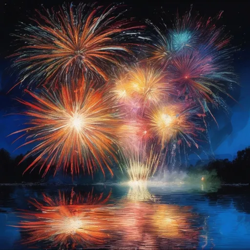 Prompt: Explosive fireworks display in the night sky, vibrant colors, bursting patterns, reflected in water, high-res, detailed, impressionist style, vivid hues, 