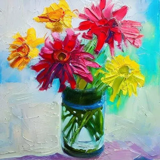 Prompt: flowers, paint, oil, art, colourful