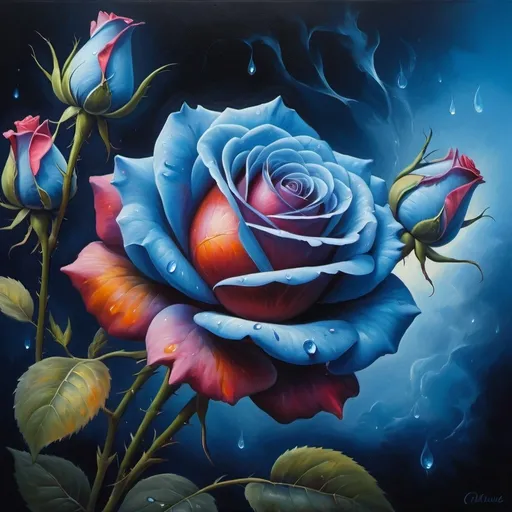 Prompt: Blue roses, surreal oil painting, dreamy atmosphere, high quality, detailed petals, fantasy, vibrant hues, ethereal lighting, mystical, magical, artistic, oil painting, dreamy, surreal, vibrant, high quality, detailed, fantasy, ethereal, mystical, magical, atmospheric lighting