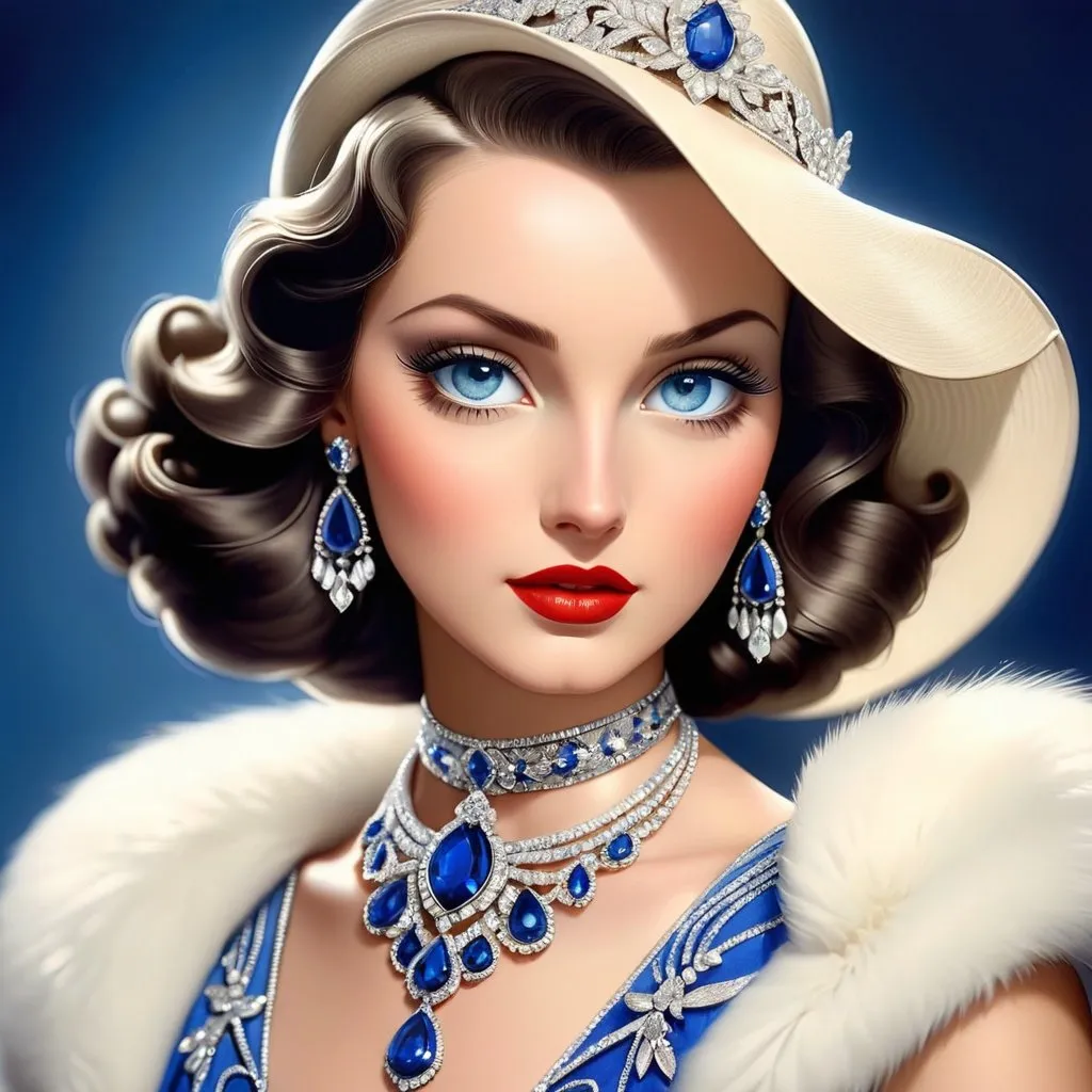 Prompt: Glamorously dressed lady of rhe 1930's wearing sapphire jewelry,blue eyes