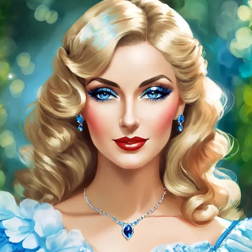 Prompt: Glamorously dressed lady of rhe 1930's wearing sapphire jewelry,blue eyes