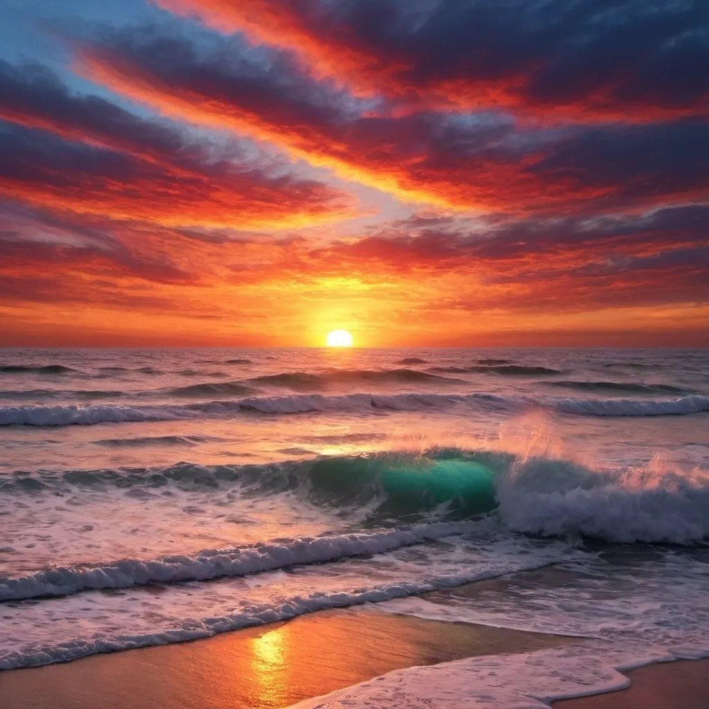 Prompt: <mymodel>A colorful sunset over ocean waves