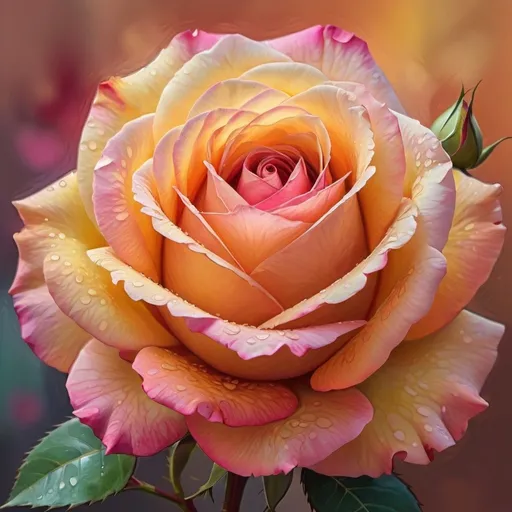 Prompt: Multicolor rose, digital painting, vibrant petals, intricate details, high quality, impressionist style, warm tones, soft lighting