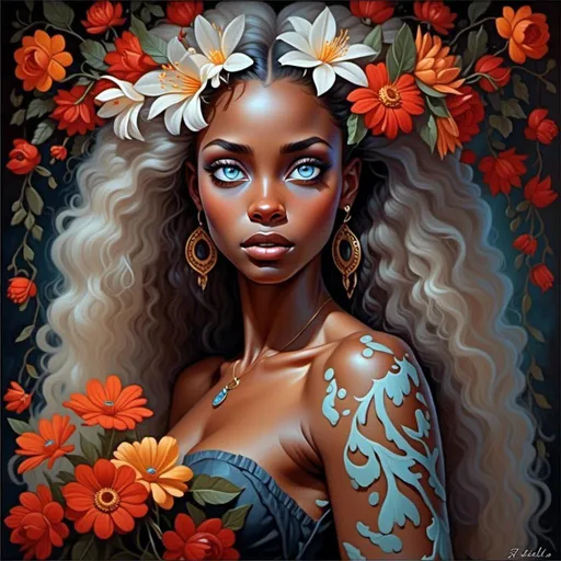 Prompt: <mymodel>Nataasha-Beautiful woman with flowers, oil painting, detailed fiery eyes, ethereal glow, dark and mysterious, high quality, vibrant colors, surreal, haunting, intricate floral details, intense gaze, mystical atmosphere, oil painting, demon, hybrid, fiery eyes, ethereal, vibrant colors, surreal, haunting, floral details, intense gaze, mystical atmosphere