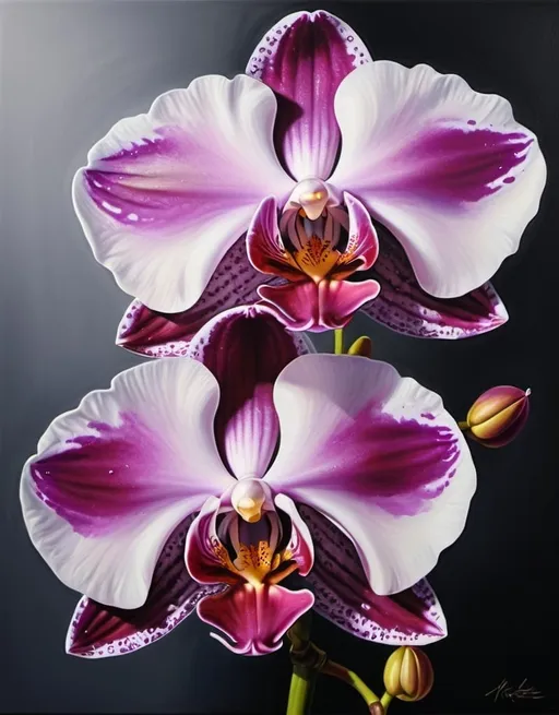 Prompt: Vibrant, realistic oil painting of a majestic orchid, intricate petals with soft gradients, high quality, detailed, realistic, oil painting, vibrant colors, botanical, intricate details, professional lighting