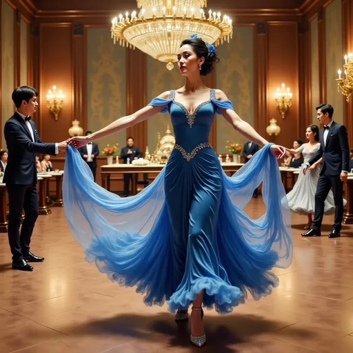Prompt: a woman in a blue dress is dancing in a ballroom with other people in the background and a chandelier, Chen Lu, arabesque, movie still, a colorized photo