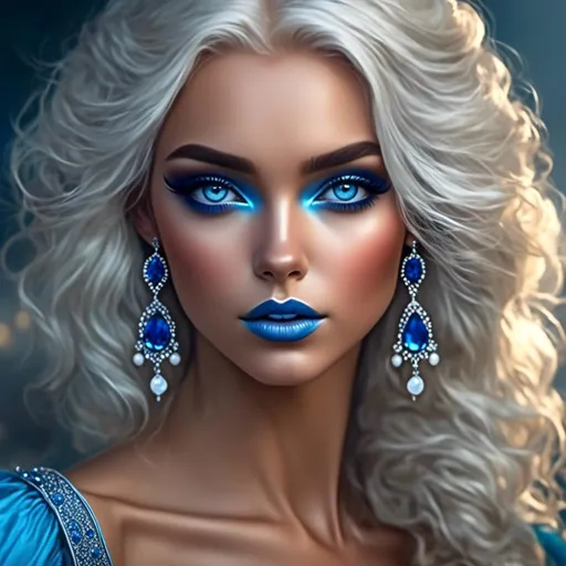 Prompt: <mymodel>A beautiful woman, white hair, blue eyes, blue eyeshadow, blue jewels o